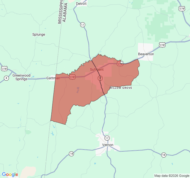 Map of septic coverage in Sulligent, AL