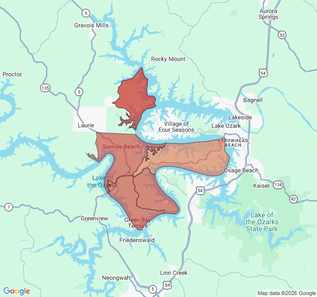 Map of septic coverage in Sunrise Beach, MO