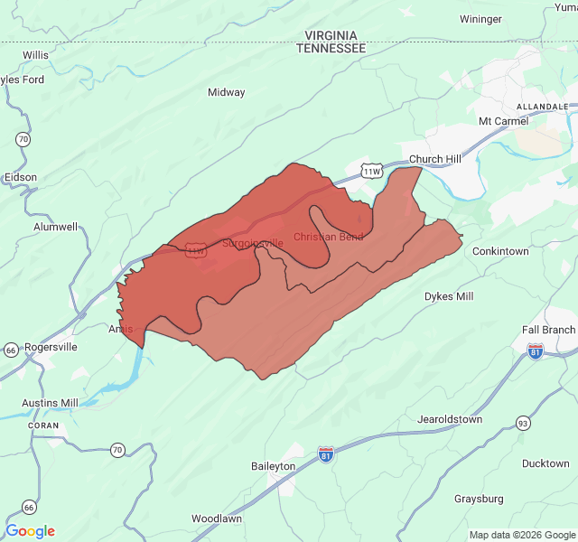 Map of septic coverage in Surgoinsville, TN