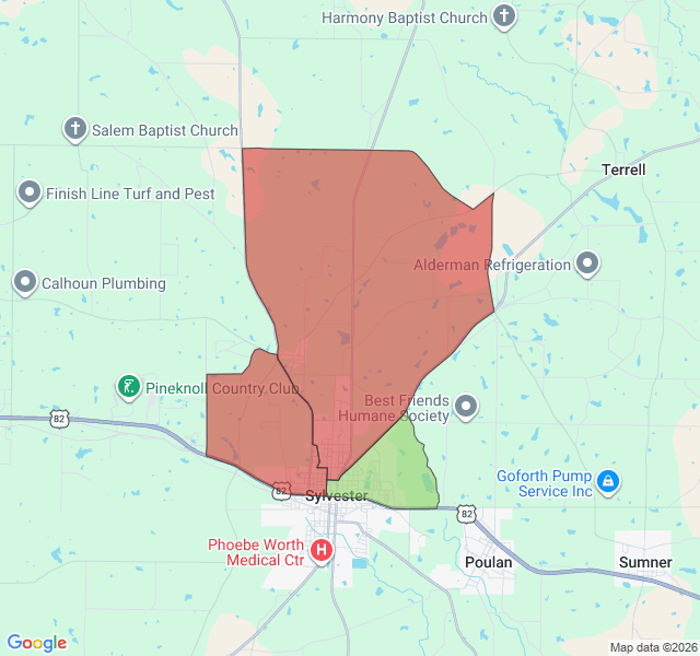 Map of septic coverage in Sylvester, GA