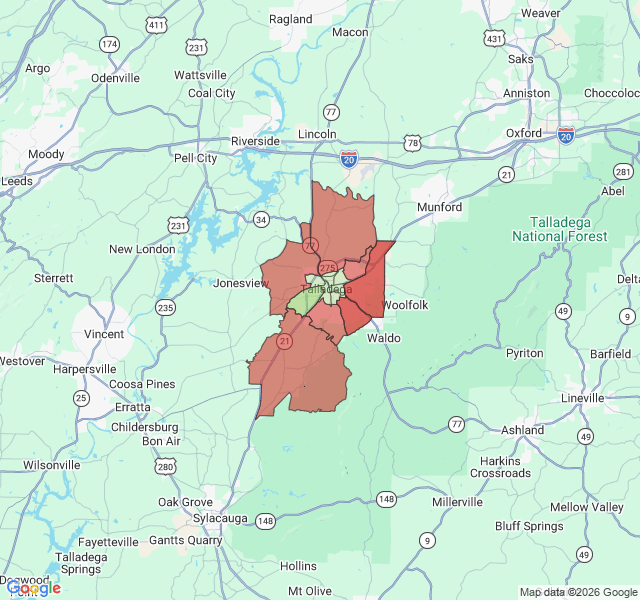 Map of septic coverage in Talladega, AL
