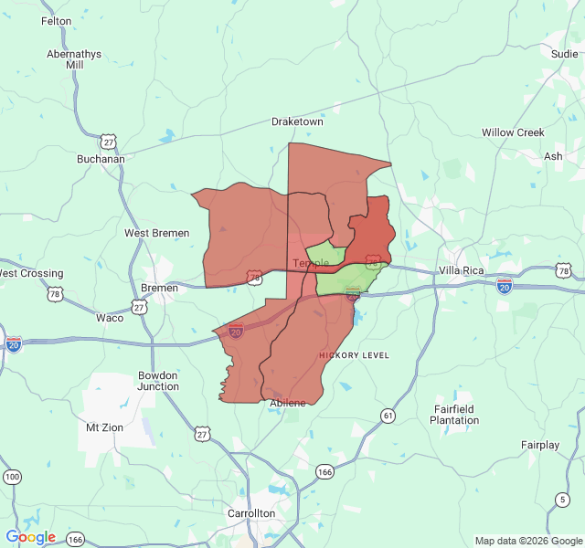 Map of septic coverage in Temple, GA