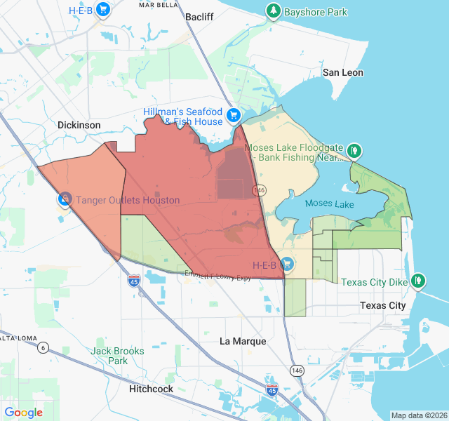 Map of septic coverage in Texas City, TX