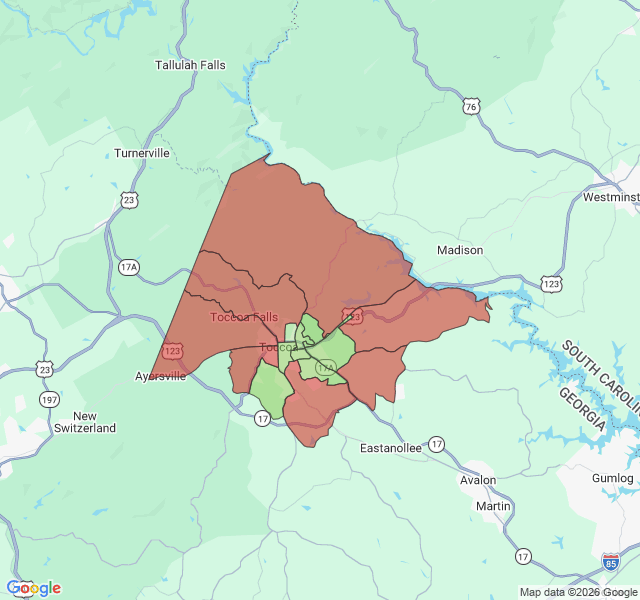 Map of septic coverage in Toccoa, GA