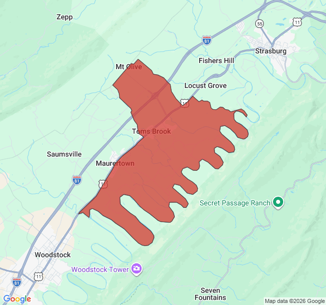 Map of septic coverage in Toms Brook, VA