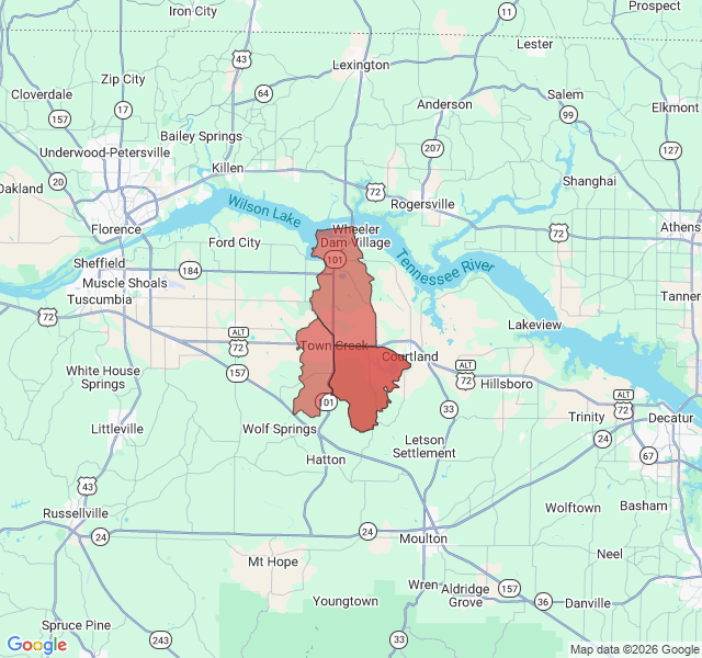 Map of septic coverage in Town Creek, AL