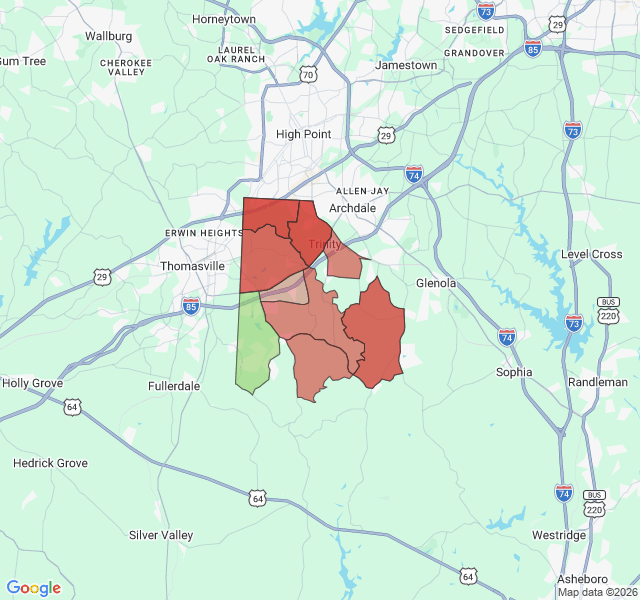 Map of septic coverage in Trinity, NC
