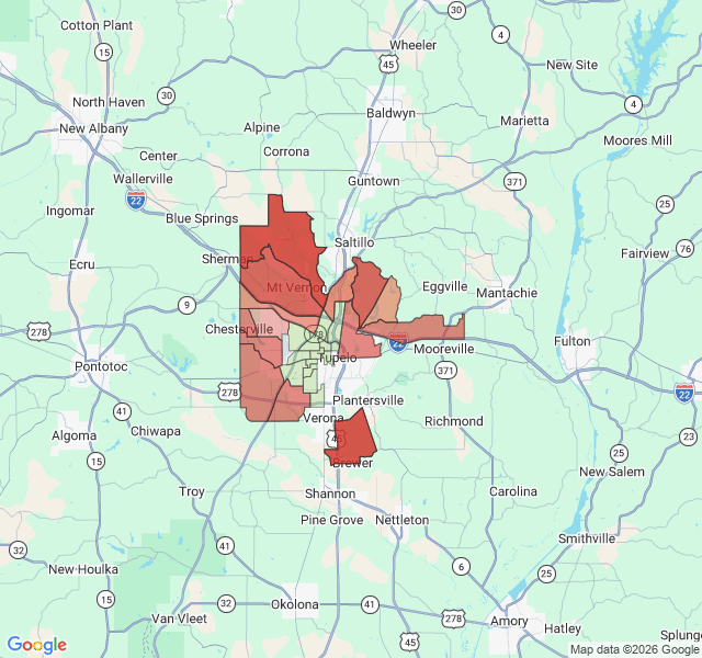 Map of septic coverage in Tupelo, MS