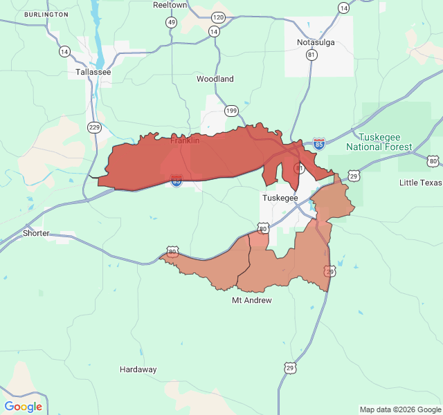 Map of septic coverage in Tuskegee, AL