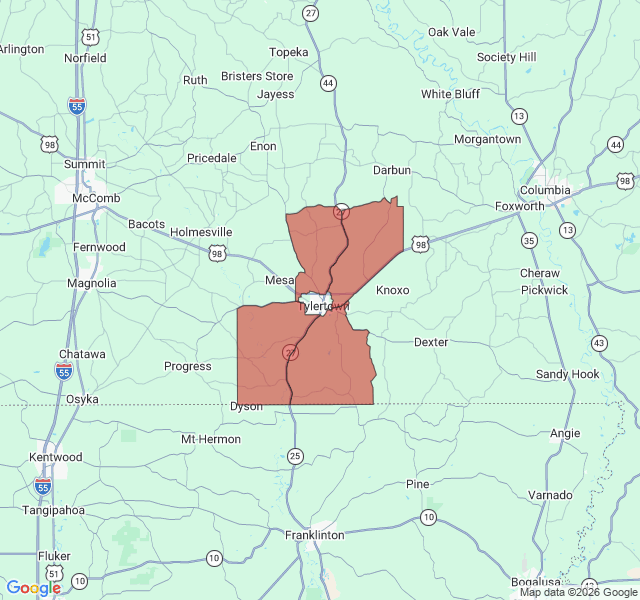 Map of septic coverage in Tylertown, MS