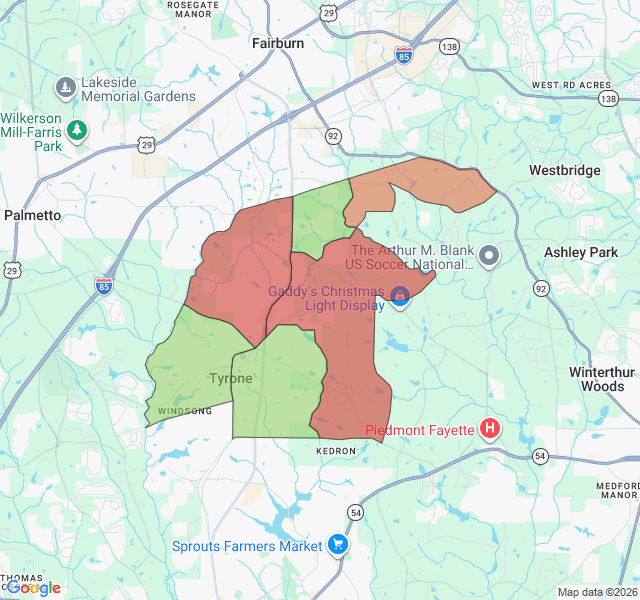 Map of septic coverage in Tyrone, GA