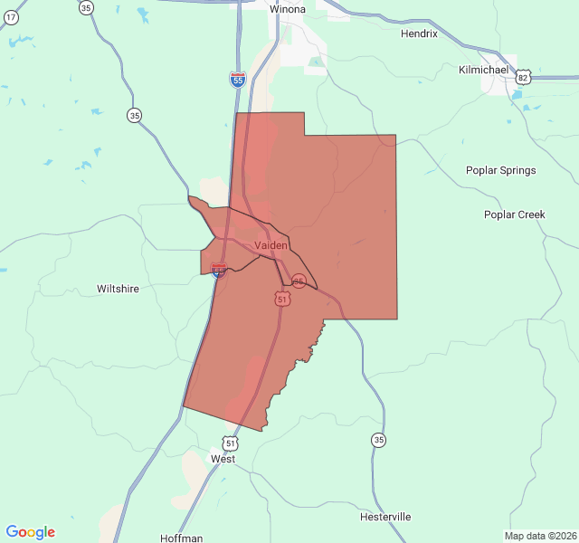 Map of septic coverage in Vaiden, MS