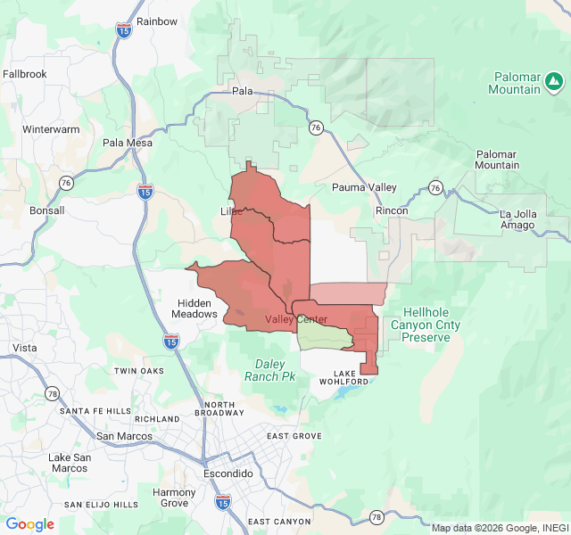 Map of septic coverage in Valley Center, CA