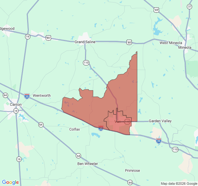 Map of septic coverage in Van, TX