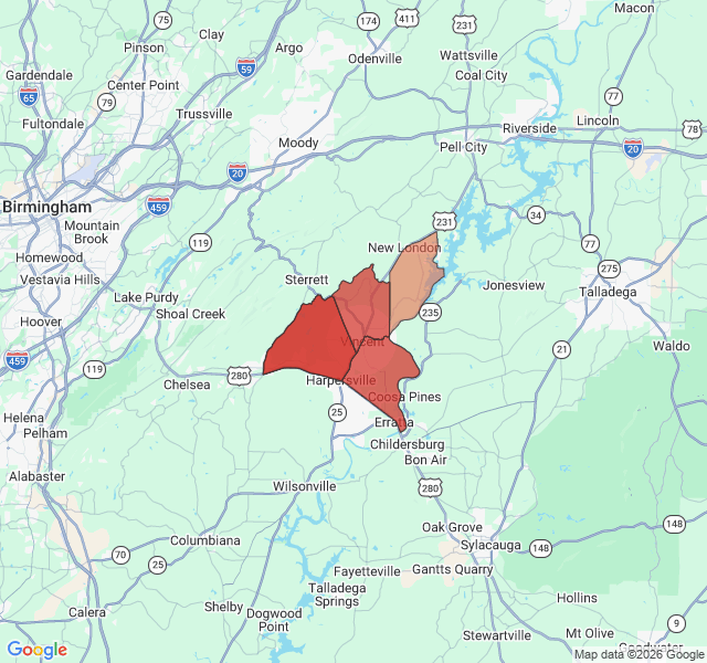 Map of septic coverage in Vincent, AL