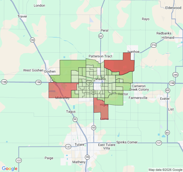 Map of septic coverage in Visalia, CA