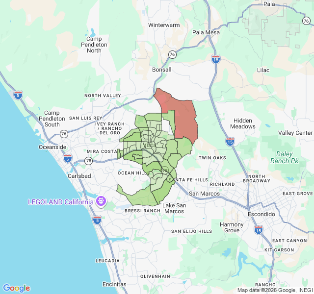 Map of septic coverage in Vista, CA