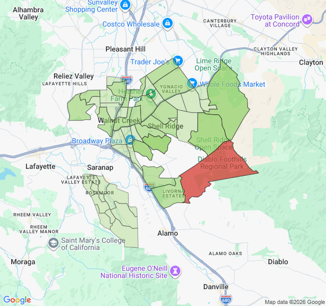 Map of septic coverage in Walnut Creek, CA