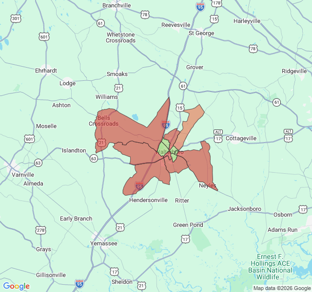 Map of septic coverage in Walterboro, SC