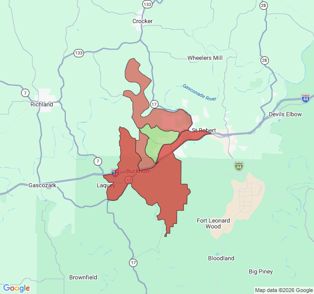 Map of septic coverage in Waynesville, MO