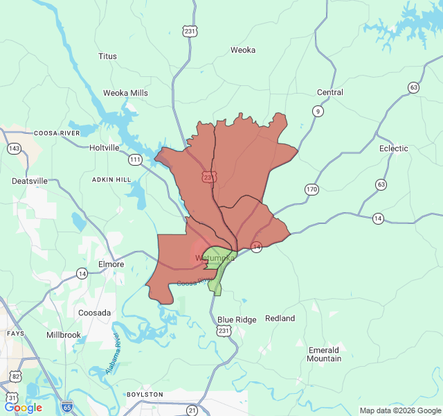 Map of septic coverage in Wetumpka, AL