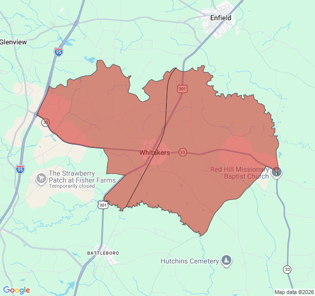 Map of septic coverage in Whitakers, NC