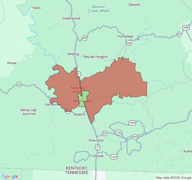 Map of septic coverage in Whitley City, KY