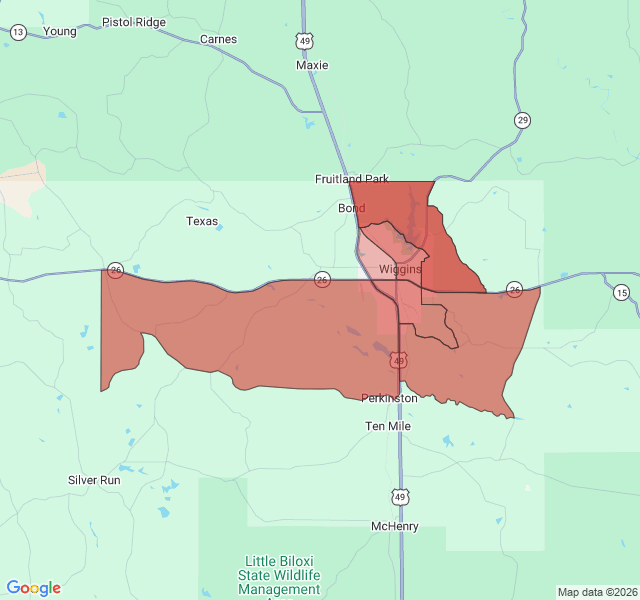 Map of septic coverage in Wiggins, MS