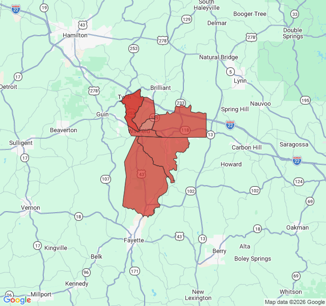 Map of septic coverage in Winfield, AL