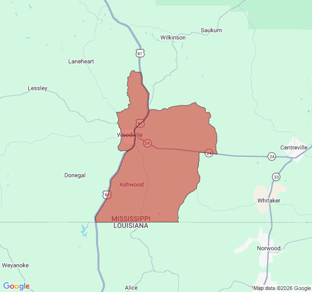 Map of septic coverage in Woodville, MS