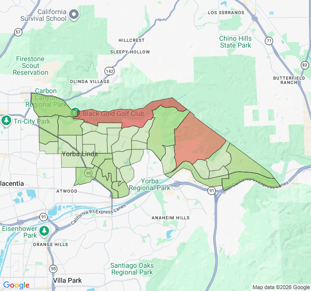 Map of septic coverage in Yorba Linda, CA