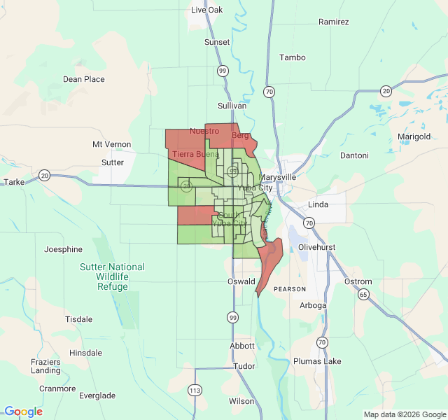 Map of septic coverage in Yuba City, CA